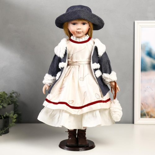 Кукла коллекционная керамика "Эля в белом платье и синей курточке" 60 см