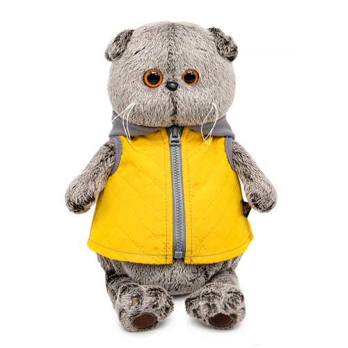 Басик в желтой жилетке с серым капюшоном